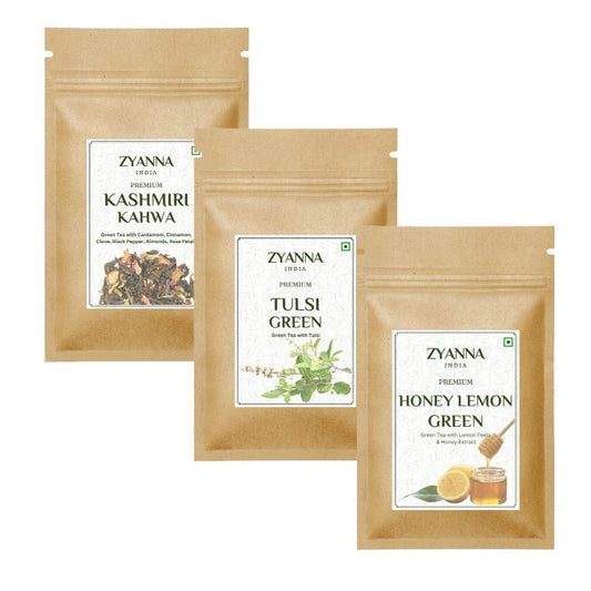 Kasmiri Kahwa Tea + Tulsi Green Tea + Honey Lemon Green Tea